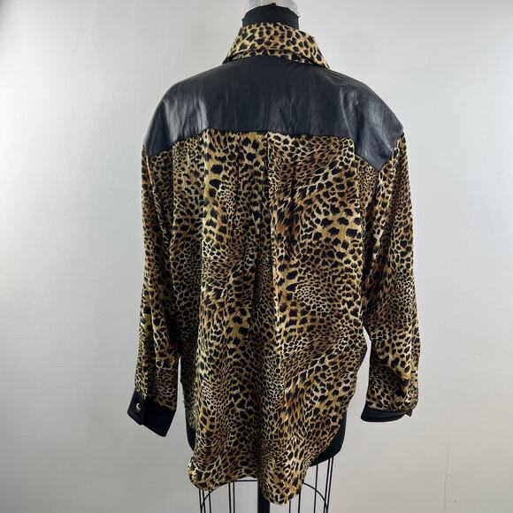 Vintage CACHE Brown Top Silk Leopard Ruffle Collar Leather Button-Up Sz M Medium - Picture 6 of 8